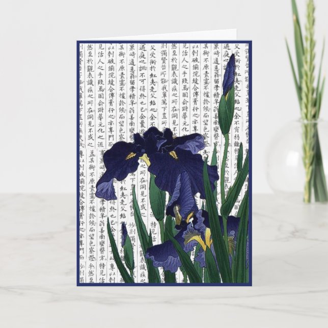 Asian Blue Iris på Kanji Background Tack Kort (Framsida)