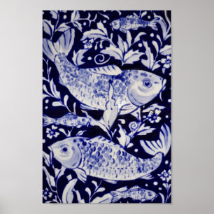 Asian Blue & White Koi Fish Pond Chinoiserie Art Poster
