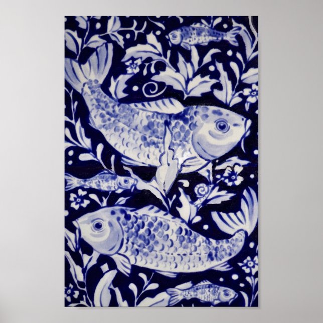 Asian Blue & White Koi Fish Pond Chinoiserie Art Poster (Framsidan)