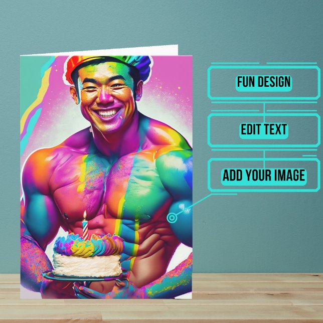 Asian Bodybuilding der Gay Birthday Kort (Wish a very Happy Birth - gay to your favorite human with this LGBTQ+ inspired birthday card. )