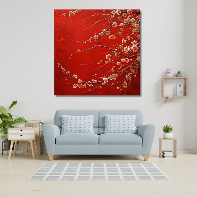 Asian Cherry Blommar på Vibrant Red Background Canvastryck (Skapare uppladdad)