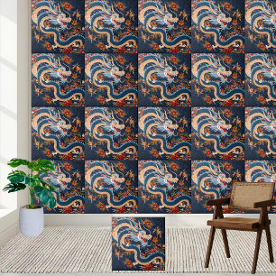Asian Chinoiserie Dragon Tile Kakelplatta