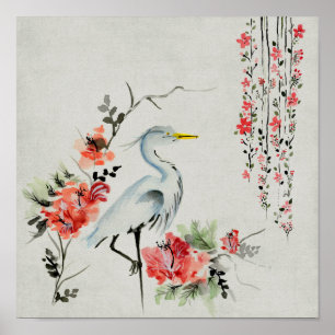 Asian`Crane Blommigt Poster