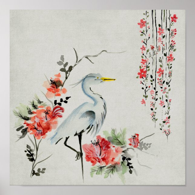 Asian`Crane Blommigt Poster (Framsidan)
