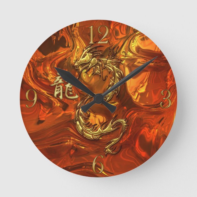 Asian Dragon & Gold Kanji Molten Metal Wall Clock Rund Klocka (Framsida)
