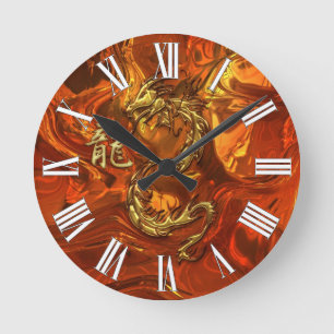 Asian Dragon & Guld Kanji Molten Metall Wall Clock Rund Klocka