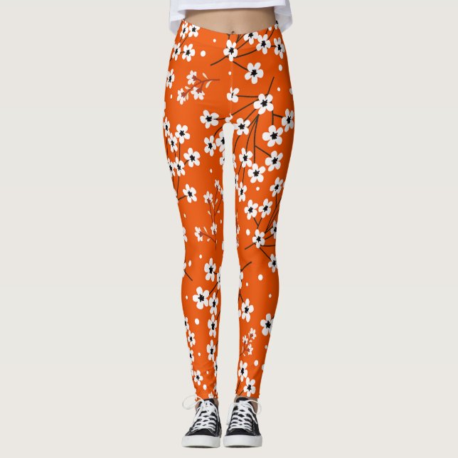 Asian Elegance: Red Blommigt Seamless Print Leggings (Framsida)