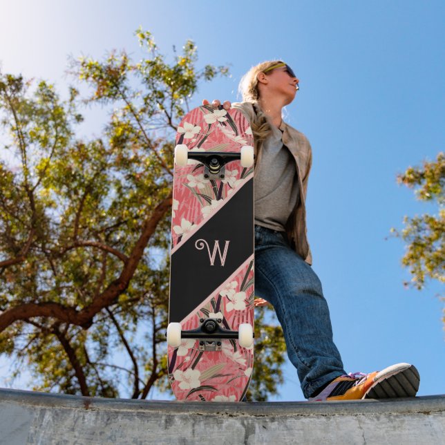 Asian Floral Pink Peach White Chinoiserie Monogram Mini Skateboard Bräda 18,5 Cm (Utomhus 1)