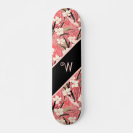 Asian Floral Pink Peach White Chinoiserie Monogram Mini Skateboard Bräda 18,5 Cm