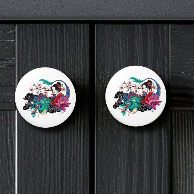 Asian Geisha Dragon Cherry Blossoms Blue Knopp (Skapare uppladdad)