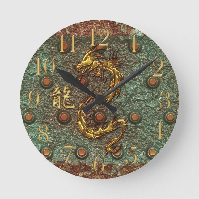 Asian Golden Dragon Rusty Metall Fantasy Art Clock Rund Klocka (Framsida)