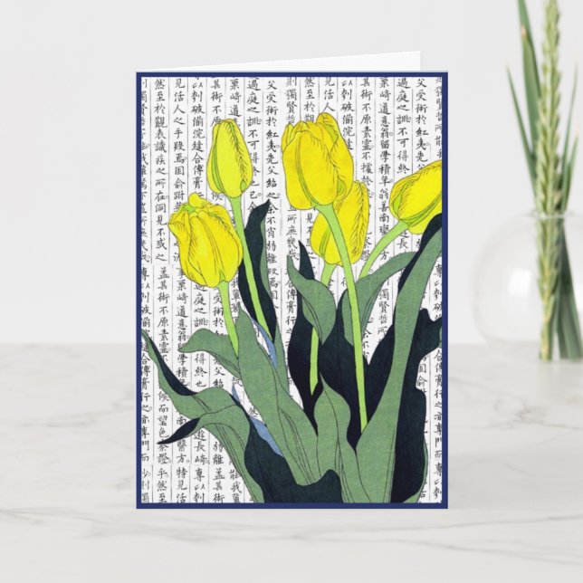 Asian Gult Tulips on Kanji Background Tack Kort (Framsida)