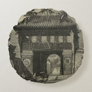 Asian Imperial Temple i Black & White Rund Kudde