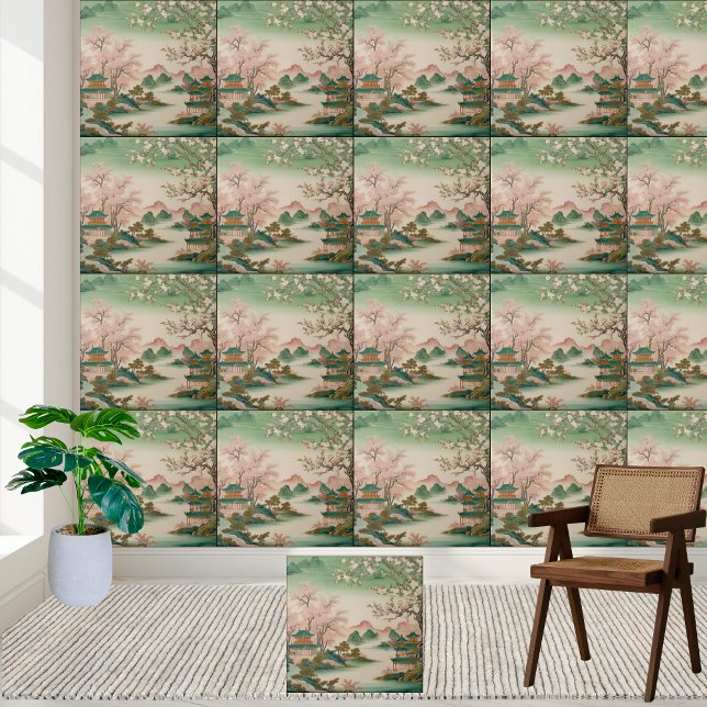 Asian Inspired Scenia Ligcape Chinoiserie Garden Kakelplatta (Asian Inspired Scenic Landscape Chinoiserie Garden Ceramic Tile)