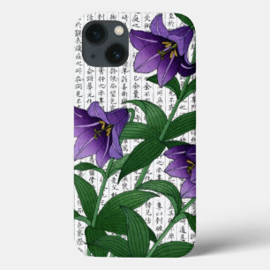 Asian Lila Harebells on Kanji Background