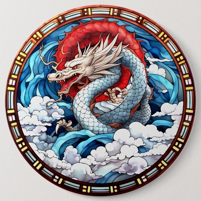 Asian Mythical Dragon i Red och Blue Knapp (Framsida)