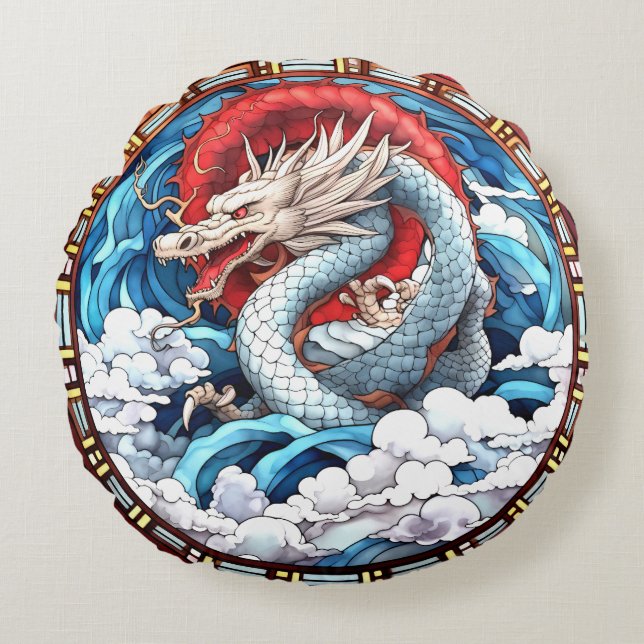 Asian Mythical Dragon i Red och Blue Rund Kudde (Framsidan)