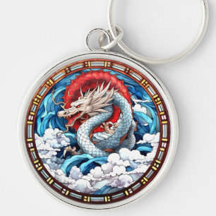 Asian Mythical Dragon i Red och Blue Rund Silverfärgad Nyckelring