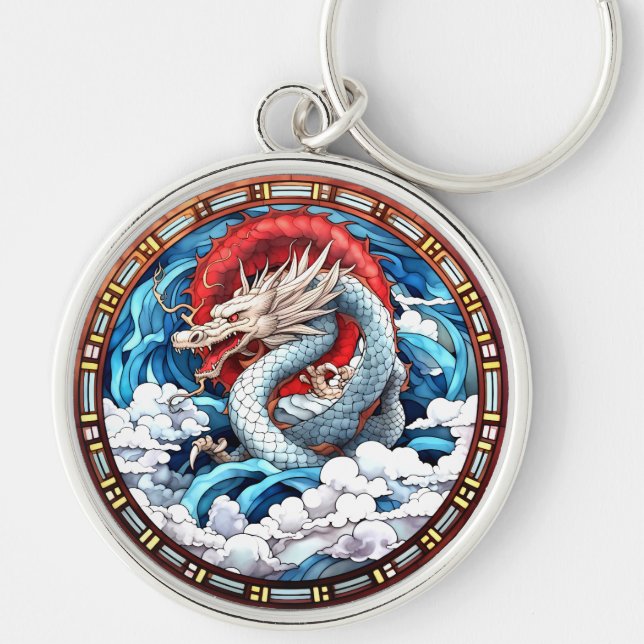 Asian Mythical Dragon i Red och Blue Rund Silverfärgad Nyckelring (Framsidan)