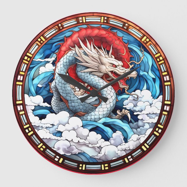 Asian Mythical Dragon i Red och Blue Stor Klocka (Framsida)