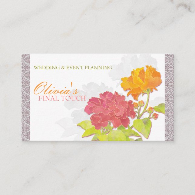 Asian Peony n Chic Damask Visitkort (Framsida)