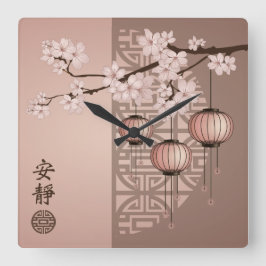 Asian pink lanterns and cherry blossom "Welcome" Fyrkantig Klocka