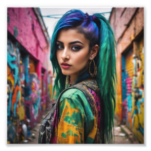 Asian Punk Girl med Multi Färg Hair och Jacka Fototryck