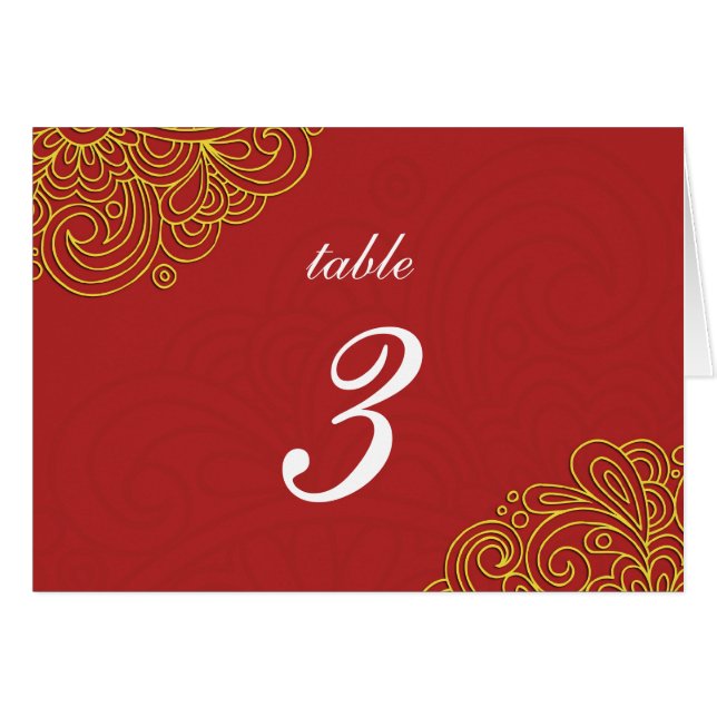 Asian Red Swirl Damask Wedding Bordsnummer OBS Kort (Framsidan Horizontal)