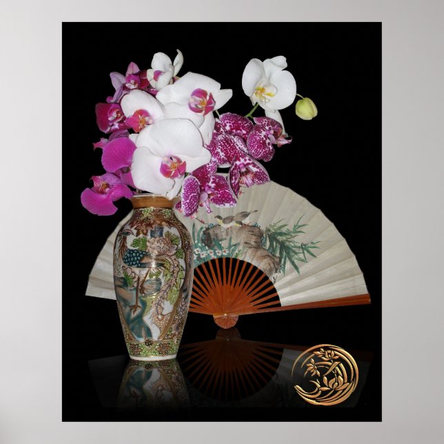 Asian still life orchids and painted fan on black poster (Framsidan)