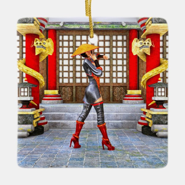 Asian Warrior Maiden Julgransprydnad Keramik (Framsida)