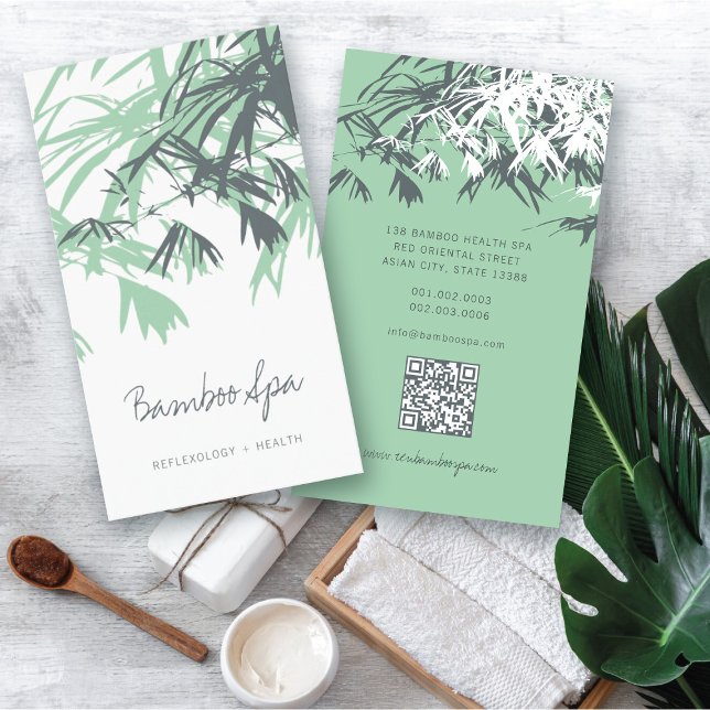 Asian Zen Red Bamboo Lämnar Modern Oriental Spa Visitkort (Oriental Asian Bamboo Leaves Modern Zen Spa Business Card / Profile Card @ fatfatin_red_knot)