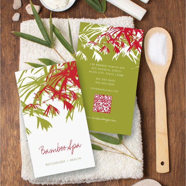 Asian Zen Red Bamboo Lämnar Modern Oriental Spa Visitkort (Oriental Asian Bamboo Leaves Modern Zen Spa Business Card / Profile Card @ fatfatin_red_knot)