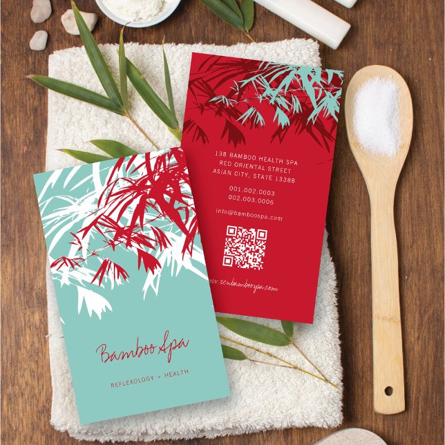 Asian Zen Red Bamboo Lämnar Modern Oriental Spa Visitkort (Oriental Asian Bamboo Leaves Modern Zen Spa Business Card / Profile Card @ fatfatin_red_knot)