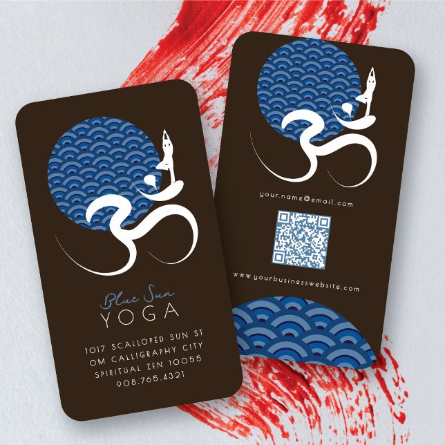 Asiatisk Blå Sol Yoga Modern Zen Kalligrafi Om Aum Visitkort (Blue Sun Yoga Spiritual Indian Modern Zen Calligraphy Writing Om Aum Symbol Business Card @ fatfatin)