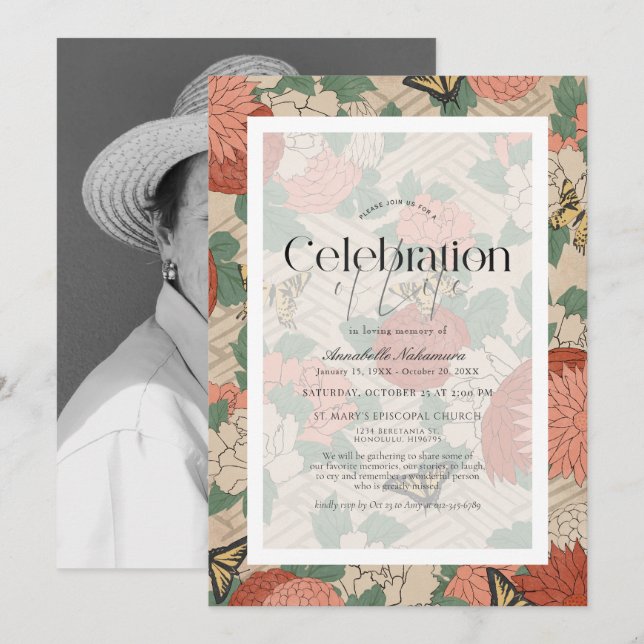 Asiatisk Blommigt & Butterflies Beige Funeral Memo Inbjudningar (Fram/baksida)