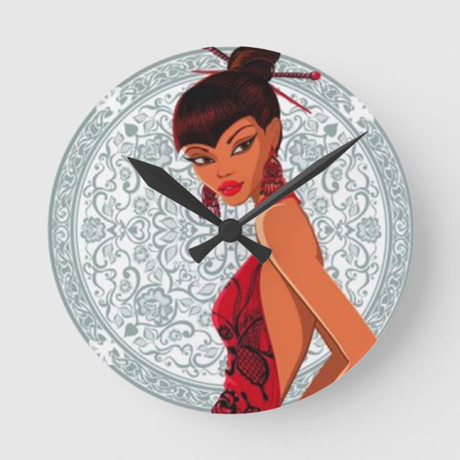 Asiatisk Dam i Kimono Wall Clock Rund Klocka (Framsida)