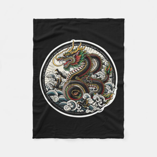 Asiatisk Dragon Grönt Lucky Tattoo Design Colorful Fleecefilt (Framsidan)