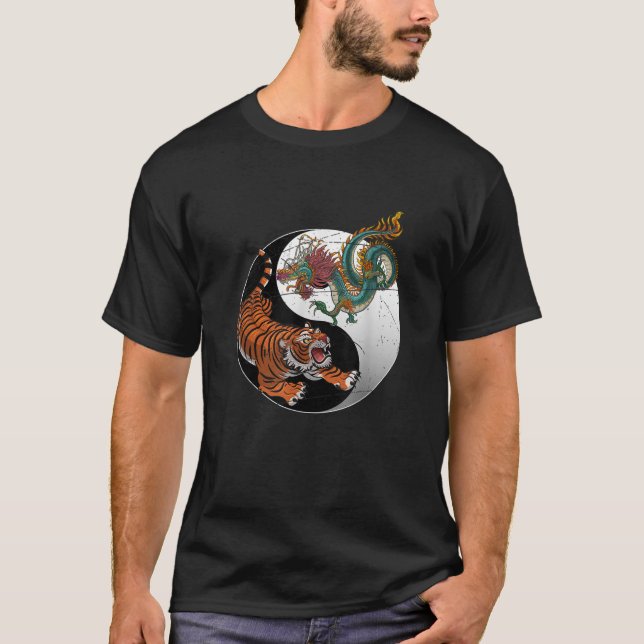 Asiatisk Drak Tiger Yin Yang Tiger  T Shirt (Framsida)