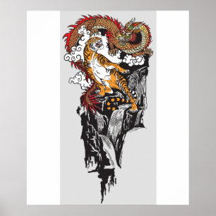 Asiatisk drake kontra tiger. Grafik ART Poster
