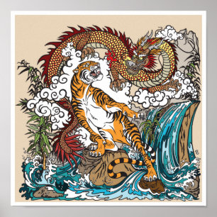 Asiatisk drake kontra tiger. Grafisk ART Poster