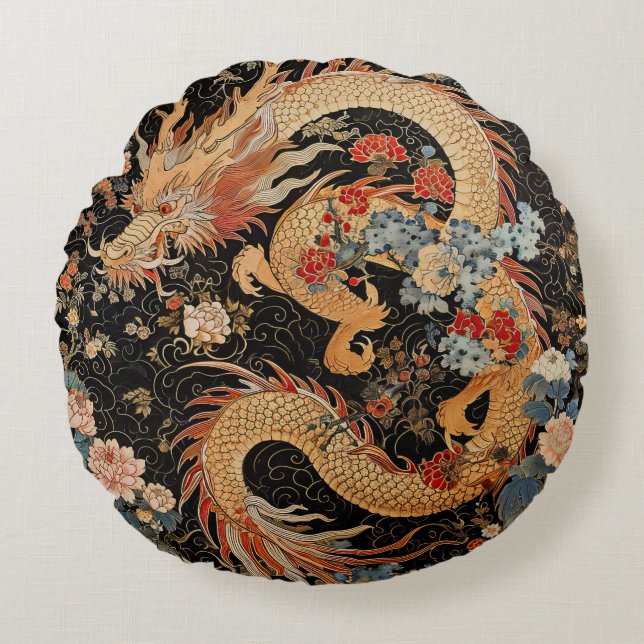 Asiatisk drake med blommor, runda fyllning rund kudde (Framsidan)