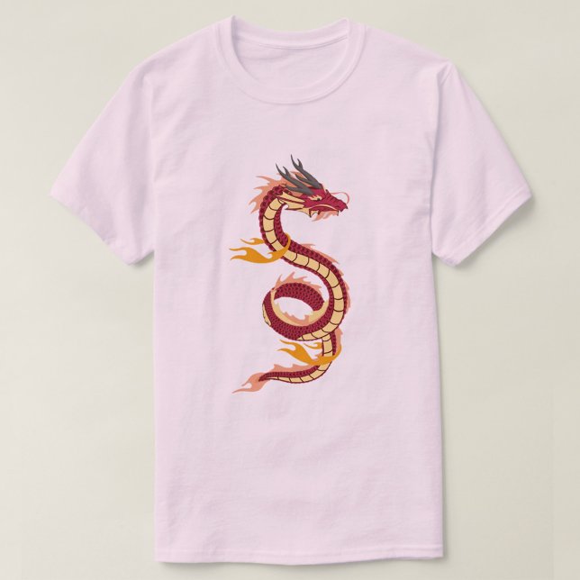 Asiatisk Drakon T-shirt (A pink t-shirt with a red and yellow dragon design on the front. The dragon is coiled in an S-shape.)