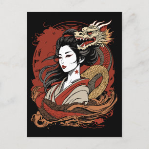 Asiatisk flicka Kinesisk drak Vykort