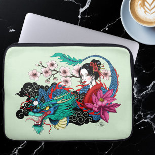 Asiatisk Geisha Drak Blommor Blå Laptop Fodral