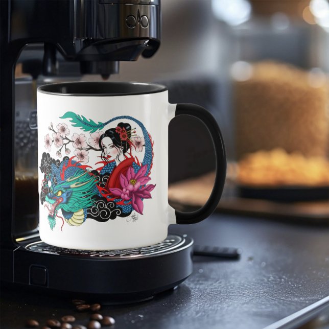 Asiatisk Geisha Drak Sakura Blå Mugg (Skapare uppladdad)