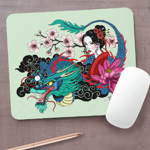 Asiatisk Geisha Drak Sakura Blå Musmatta