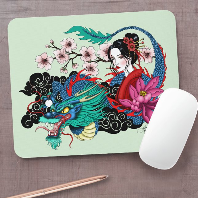 Asiatisk Geisha Drak Sakura Blå Musmatta (Skapare uppladdad)