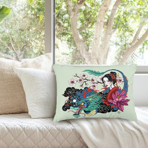 Asiatisk Geisha Drak Sakura Blå Prydnadskudde