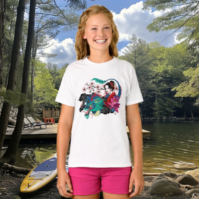 Asiatisk Geisha Drak Sakura Blå T Shirt (Skapare uppladdad)
