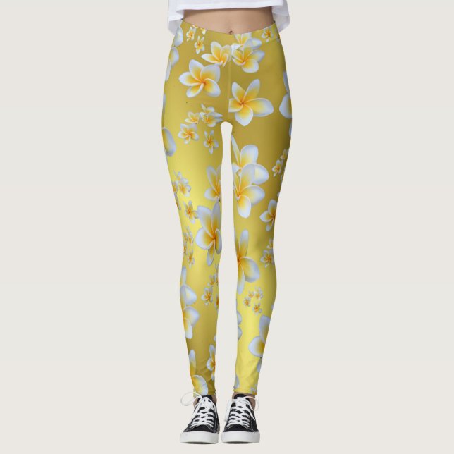 asiatisk, gult, vit, blommande, ljus, guld, blommi leggings (Framsida)